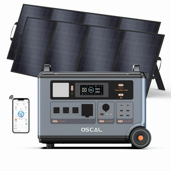OSCAL PowerMax 6000 Portable Power Station with 2x400W Panels, 3600Wh LiFePO4 Battery, 6000W Output (7200W Peak), 120V/240V Dual Voltage, Solar Generator for Home Backup & Outdoor Use