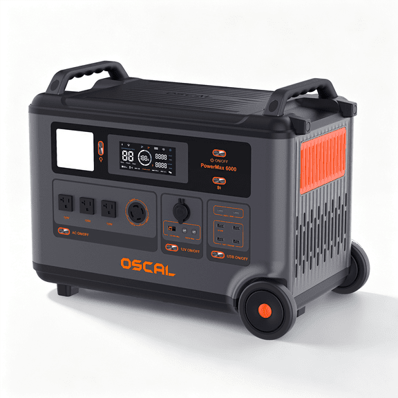 OSCAL PowerMax 6000 Portable Power Station, 3600Wh LiFePO4 Battery, 6000W Pure Sine Wave AC/9000W Peak, 2400W MPPT Solar Input, 4 AC Outlets, Solar Generator for Home Backup & Outages