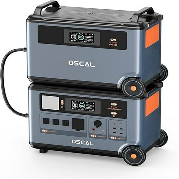 OSCAL PowerMax 6000 Portable Power Station & BP3600 Battery Pack 3600Wh LFP Battery (Expandable to 57.6kWh), 6000W AC Outlets (9000W Peak), 120/240V Split Phase, 5-Year Warranty