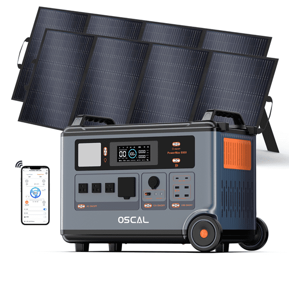 OSCAL PowerMax 6000 Portable Power Station with 2x400W Solar Panels | 3600Wh LiFePO4 Battery | 120V/240V 6000W Output | Home Backup & Outdoor Power