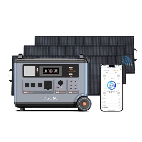 OSCAL PowerMax 6000 Power station with 3X400 solar panel, LiFePOâ‚„ Battery,3600WH, 120V/240V dual voltage,APP control, Home and outdoor backup