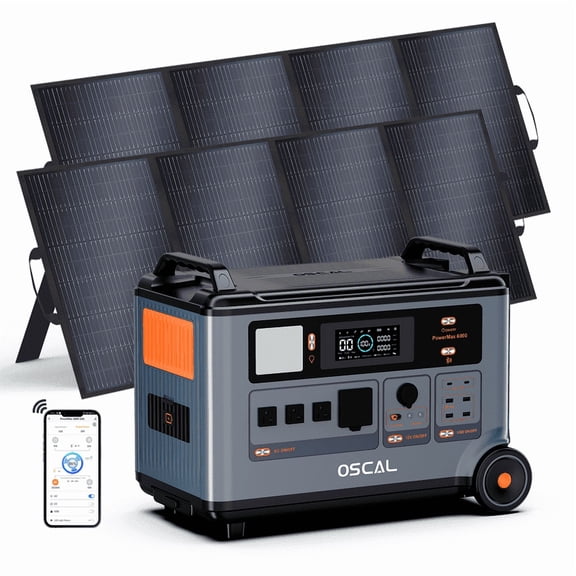 OSCAL PowerMax 6000 Solar Generator with 2×200W Panels, 3600Wh LiFePO4 Battery, 6000W (7200W Peak) 120V/240V, 2200W AC/2400W Solar Fast Charging, UPS Home Backup