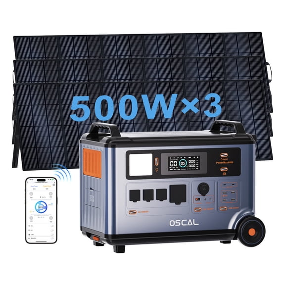 OSCAL PowerMax 6000 Solar Generator with 3×500W Panels, 6000W AC Output (9000W Surge), 3600Wh Portable Power Station, 120V/240V Split Phase, & 2200W Fast Charging r Emergency/Camping