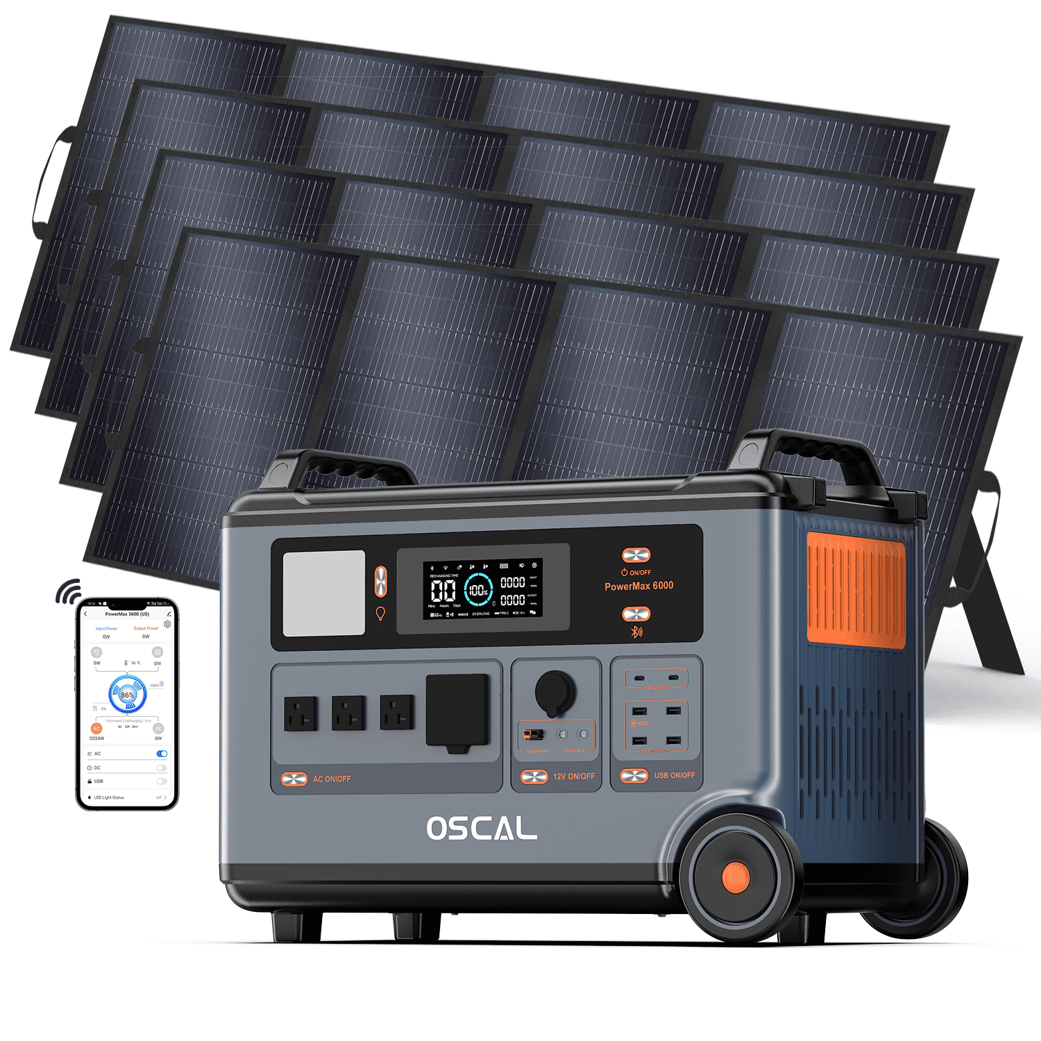 OSCAL PowerMax 6000 Solar Generator, 3600Wh 120V/240V Power Station with 4x200W Solar Panels, 6000W AC Output (7200W Peak), 2200W Fast Charging, LiFePO4 Battery Backup for Home & Emergency