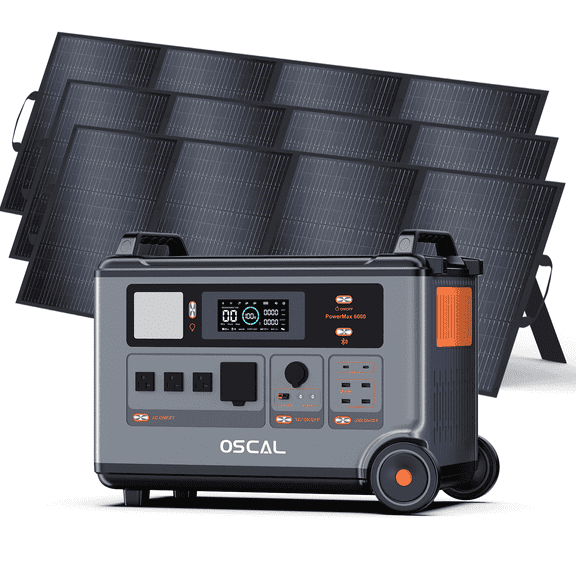 OSCAL PowerMax 6000 Solar Generator 3600Wh with 3x400W Solar Panels, 6000W (7200W Peak) Dual Voltage 120V/240V Power Station, 2200W AC & 2400W Solar Fast Charging, Home Backup