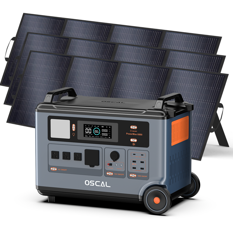 OSCAL PowerMax 6000 Solar Generator, 3600Wh 6000W Power Station with 3x200W Panels, 7200W Peak, 120V/240V Dual Voltage, Fast AC/Solar Charging, LiFePO4 Battery Backup for Home & Outdoor