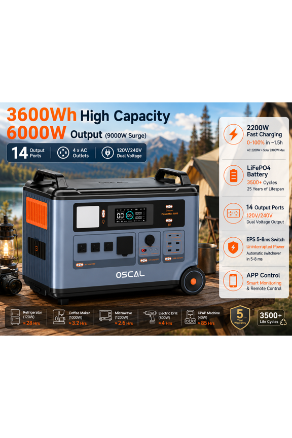 PowerMax 6000 Solar Generator 3600Wh LiFePO4 Power Station 6000W 9000W Peak 120/240V Split Phase Expandable to 57.6kWh