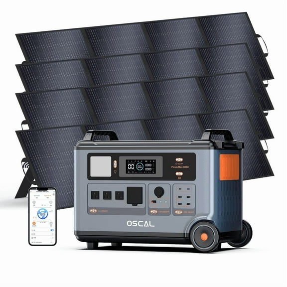 OSCAL PowerMax 6000 Solar Generator with 4×200W Panels, 3600Wh LiFePO4 Battery, 6000W (7200W Peak) 120V/240V, 2200W AC/2400W Solar Fast Charging, UPS Home Backup