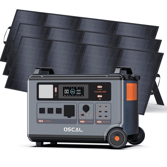OSCAL PowerMax 6000 Solar Generator, 6000W/7200W Peak, 3600Wh LiFePO4 Battery, 3×400W Solar Panels, 2200W AC & 2400W Solar Fast Charging, 120V/240V Backup Power Station for Home & Emergency