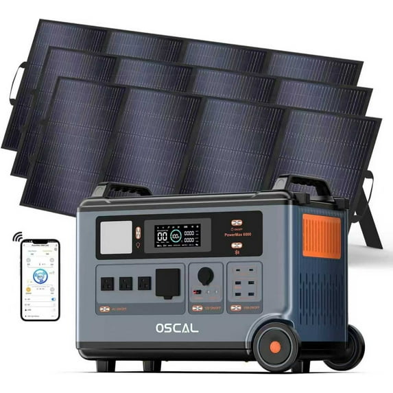 OSCAL PowerMax 6000 Solar Generator Kit with 3x400W Panels - 3600Wh ...