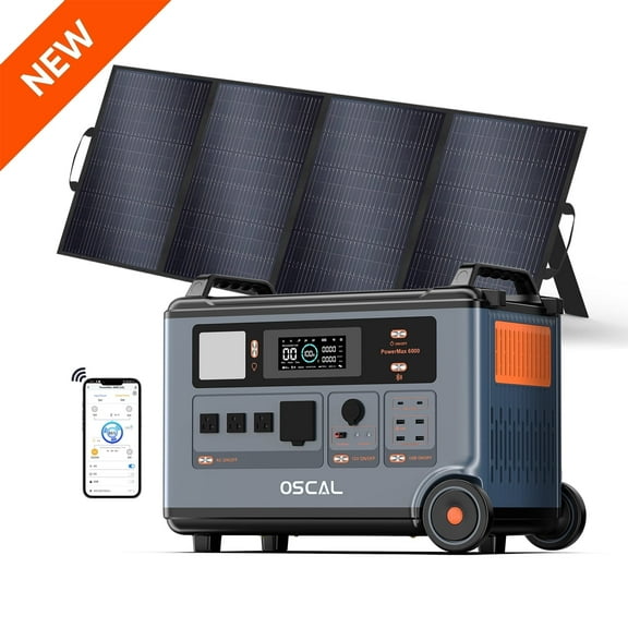 OSCAL PowerMax 6000 Solar Generator with 1x400W Panel, 6000W 120V/240V Power Station, 3600Wh, LiFePO4 Battery, UPS, App Control