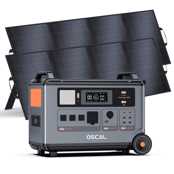 OSCAL PowerMax 6000 Solar Generator with 2x400W Panel, 3600Wh 6000W Power Station, 120V/240V, Fast Charging, LiFePO4 Battery Backup