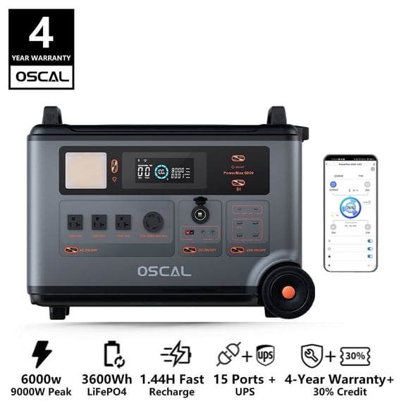 OSCAL PowerMax 6000 Whole Home Solar Generator, 3600Wh LiFePO4 | 6000W (9000W Surge) | 1.96 H Charge | DC/AC Bi-Directional Inverter | for Home Emergency, Outdoor Camping,Hurricane Backup