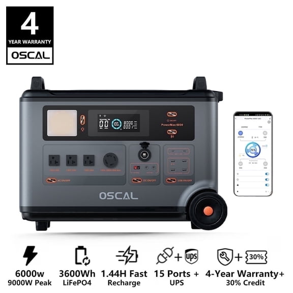 OSCAL PowerMax 6000 Whole Home Solar Generator, 3600Wh LiFePO4 | 6000W (9000W Surge) | 1.96 H Charge | DC/AC Bi-Directional Inverter | for Home Emergency, Outdoor Camping,Hurricane Backup