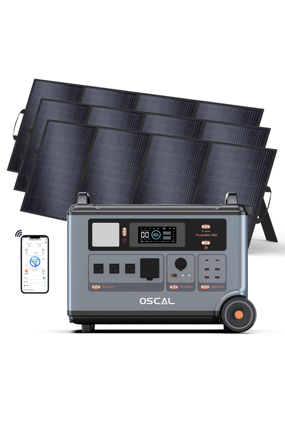 OSCAL PowerMax 6000 Power Station with 3x200W Solar Panel , LiFePO₄ Battery,3600WH,Fast Charging ,120V/244V Dual voltage,APP control