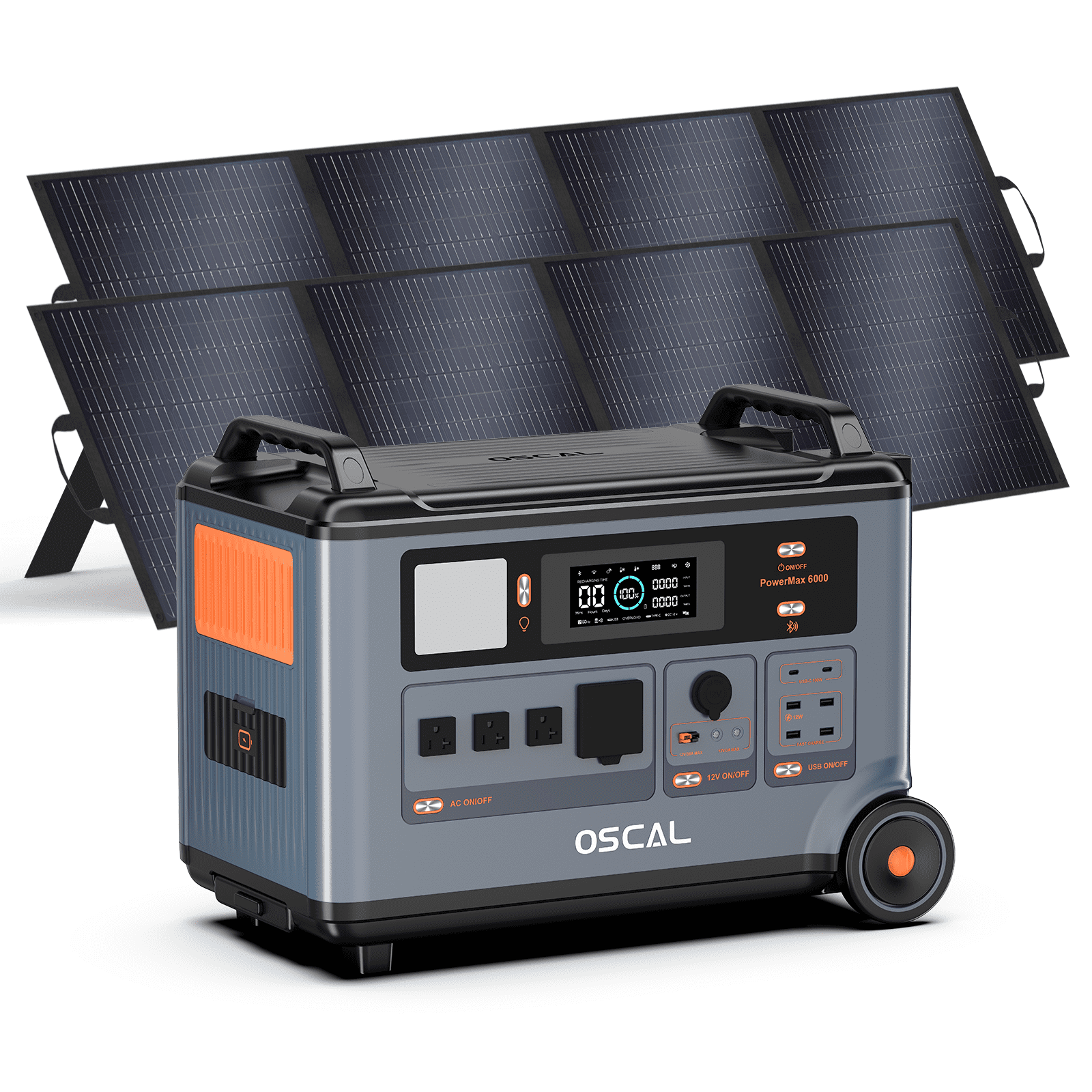 OSCAL PowerMax 6000 Solar Generator, 3600Wh LiFePO4 Power Station with 2×200W Solar Panels, 6000W (7200W Peak) AC Output, 120V/240V, 2200W Fast Charging, EPS Backup for Home & Emergency Use