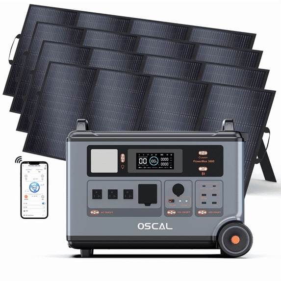 OSCAL Promax6000 6000W Solar Generator with 4x400W Panels 3600WH LiFePO4 120V/240V Portable Power Station