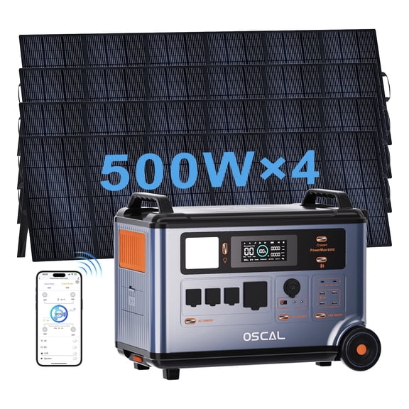 OSCAL Promax6000 6000W Solar Generator with 4x500W Panels 3600WH LiFePO4 120V/240V Portable Power Station