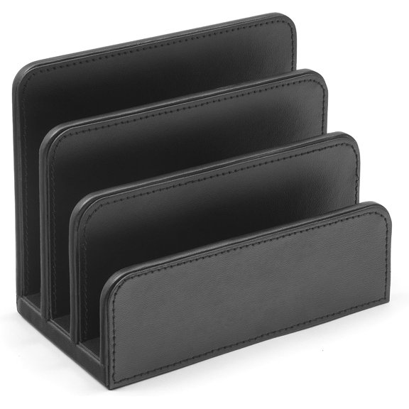 OSCO Black Faux Leather Letter Holder | Mail Sorter Post Rack Envelope Organiser Document Stand Desk File Storage Display Slots H14 x W17.5 D10 cm