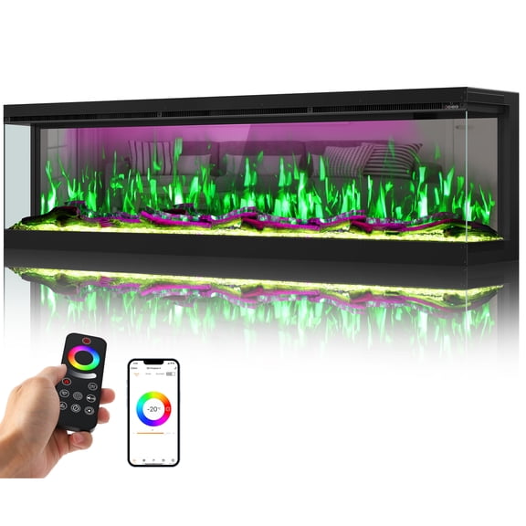 OSEYM 3 Sided 3D Mirrored Electric Fireplace, 70 Inch Smart Built-in Linear Fire Place Heater with 251RGB Realistic Flames, APP & Remote Control, 1500/750W, Cracking Sound, Crystal & Log