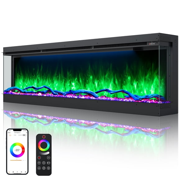 OSEYM 3 Sided Electric Fireplace, 50 inch Smart Built-in Linear Fire Places Heater 1500/750W with 251RGB LED Flames, APP & Remote Control, Cracking Sound, Timer, Log & Crystal