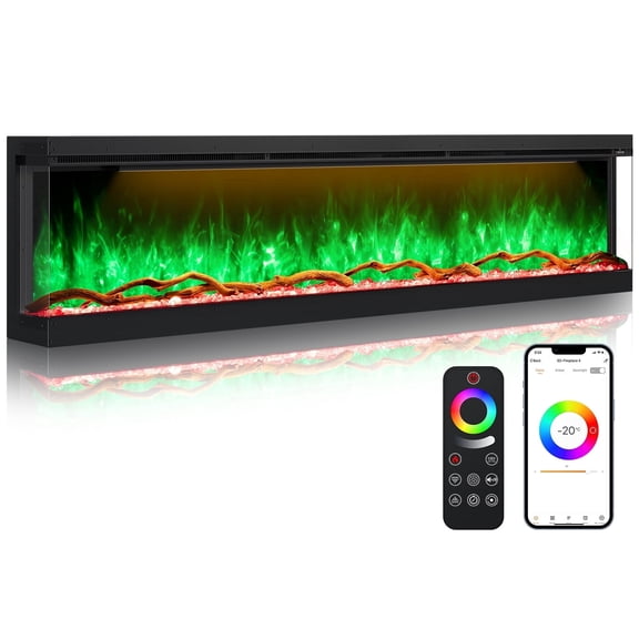 OSEYM 80" 3 Sided Built-in Electric Fireplace with 251RGB Realistic Flames, APP & Remote Control, Heater 1500/750W, Cracking Sound, 9H Timer, Log & Crystal