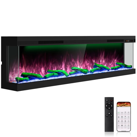OSEYM 80" 3 Sided Electric Fireplace, Smart 3D Built-in Linear Fire Places, Multi-Colors Flames, Touchscreen, APP & Remote Control, Heater 1500W, Cracking Sound, Timer, Crystal & Log