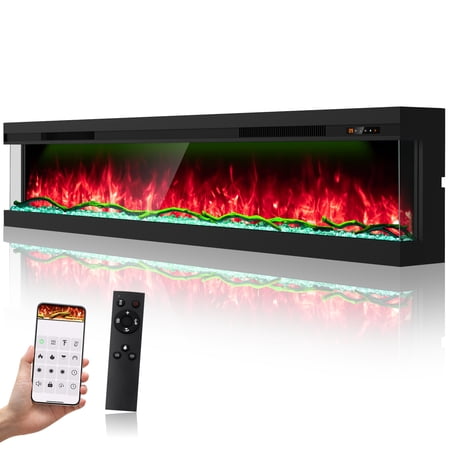 OSEYM 80" 3 Sided Electric Fireplace with Touchscreen, APP Control, Multi-Color Combinations, Built-in Fire Place 1500W Heater,Cracking Sound, 9H Timer, Log and Crystal