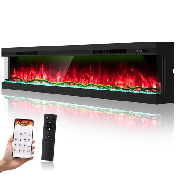 OSEYM 80" 3 Sided Electric Fireplace with Touchscreen, APP Control, Multi-Color Combinations, Built-in Fire Place 1500W Heater,Cracking Sound, 9H Timer, Log and Crystal