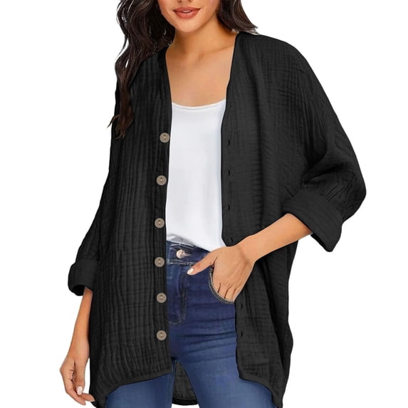 OSFVNOXV 100% Cotton Cardigan for Women Button Down Shirt Long Sleeve Peasant Top Oversized Kimonos Open Front Swimwear Cover Ups