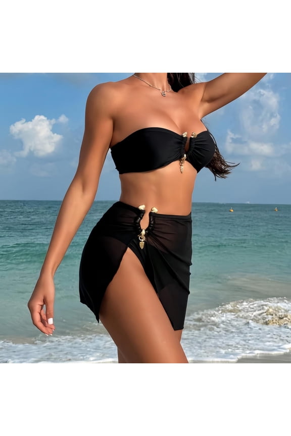 Bandeau Swimsuits for Juniors Strapless Bikinis High Waisted Triangle Bikini Bottom Underwear Side Split Wrap Cover Up Skirt