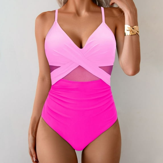 OSFVNOXV Bathing Suit for Women One Piece High Waisted Cut Out Swimsuit Cross Ruched Sleeveless Color Blocked Bodysuit ,Hot Pink