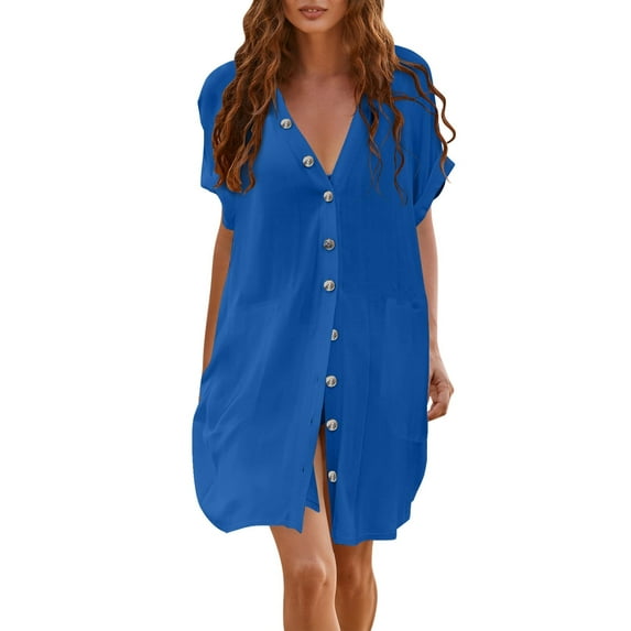 OSFVNOXV Beach Cover Ups for Women Button Down Long Shirt Dress Bikini Tops Solid Color Flowy Beachwear Swimwear