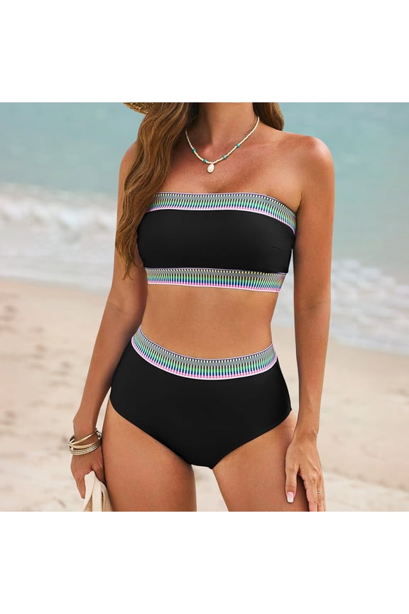 Bikini Sets for Women High Waisted Swimwear Strapless Bandeau Bra with Built-In-Bra and High Waisted Cheeky Underwear