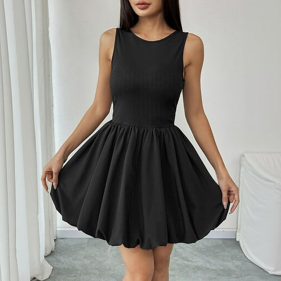 OSFVNOXV Black Dress for Women Cute Sleeveless Tank Summer Bodycon Crewneck A-Line Mini Dress