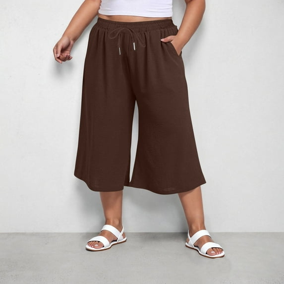 OSFVNOXV Boho Pants for Women Plus Size Palazzo Pants Wide-Leg Summer Ruffle Capris with Pockets on Sales