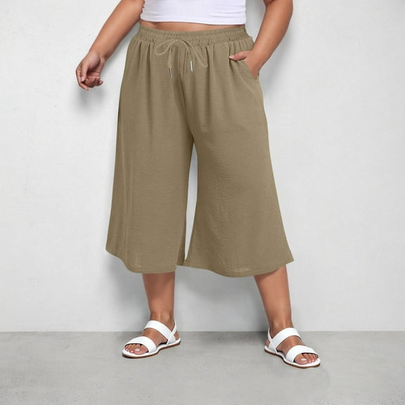 OSFVNOXV Boho Pants for Women Plus Size Palazzo Pants Wide-Leg Summer Ruffle Capris with Pockets on Sales