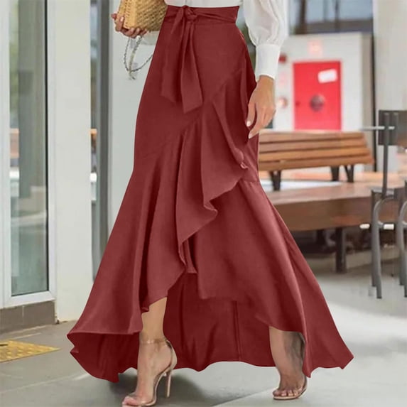 OSFVNOXV Boho Skirts for Women High Waist Tie Front New Trendy Asymmetrical Hem Ruffle Flowy Maxi Long Skirts for Cocktail Party