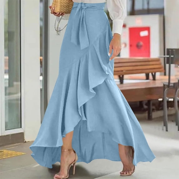 OSFVNOXV Boho Skirts for Women High Waist Tie Front New Trendy Asymmetrical Hem Ruffle Flowy Maxi Long Skirts for Cocktail Party