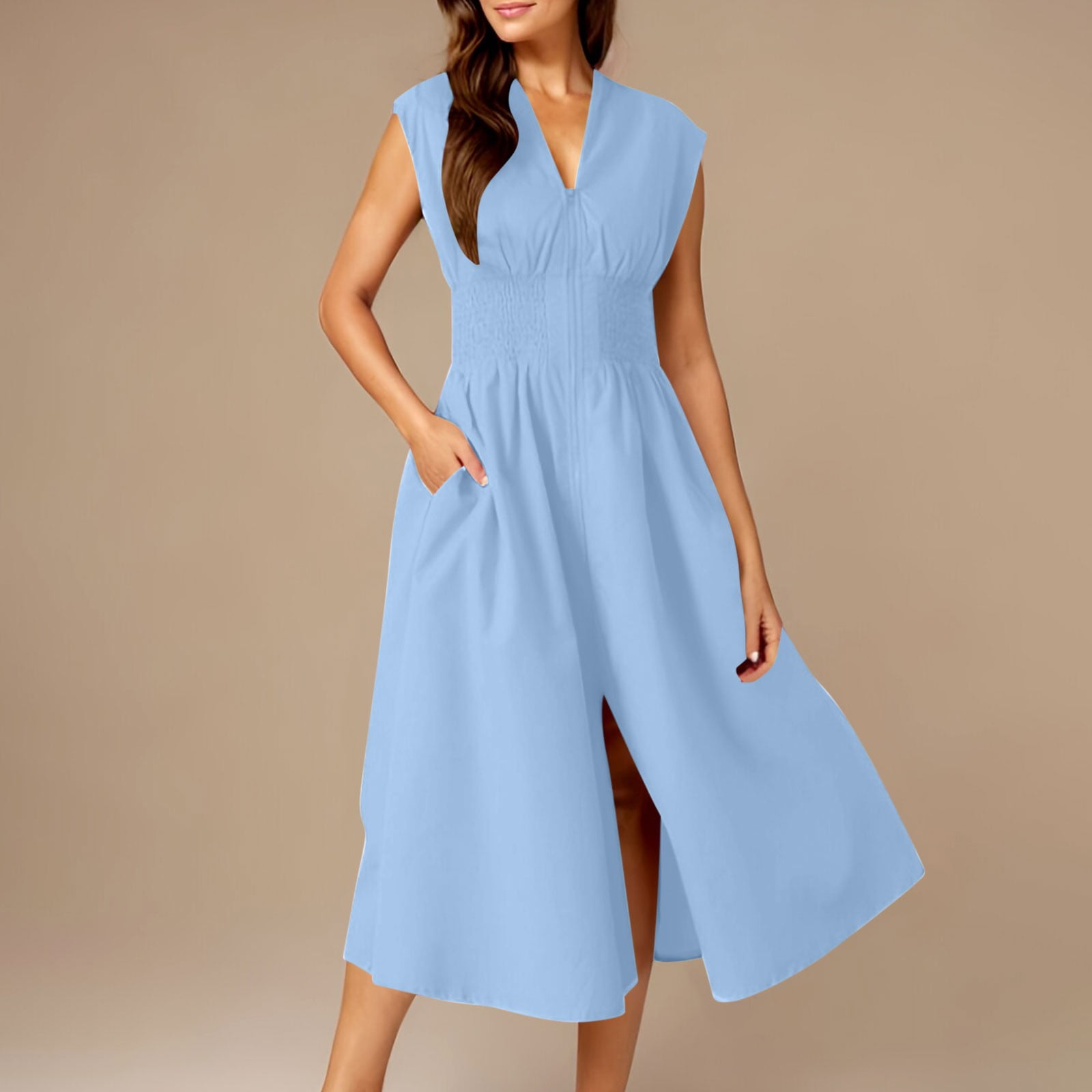 OSFVNOXV Cocktail Dress for Women 2025 New Trendy Formal Casual Maxi Dress  Zipper Front High Split V-Neck Flowy Bodycon Dress with Pockets -  Walmart.com