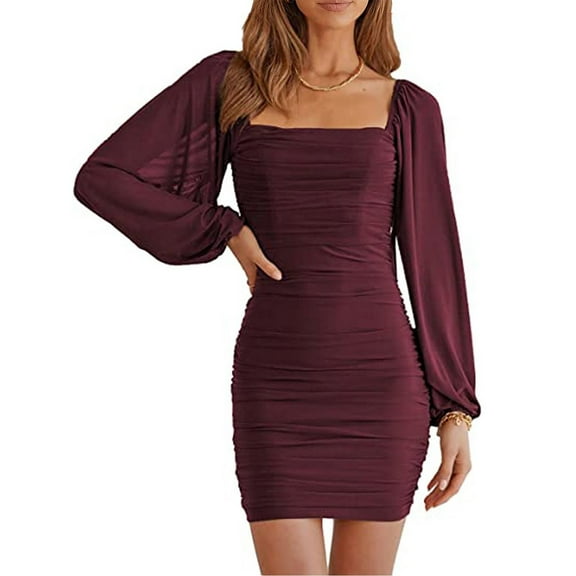 OSFVNOXV Cocktail Dress for Women Long Puff Sleeve Square Neck Knee Length Wrap Cocktail Birthday Party Dress