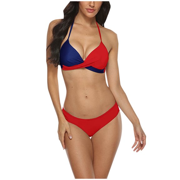 OSFVNOXV Color Blocked Swimsuits for Women 2-Piece Halter Neck Bathing Suit Ruched Cross Push Up Triangle Bikini Bra with Bottom ,S-3XL
