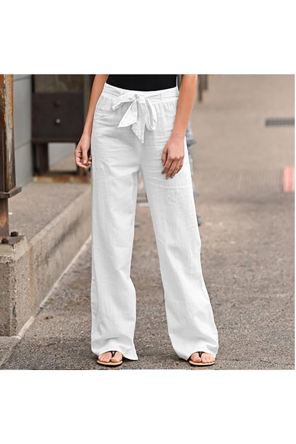 Color Linen Pants for Women Plus Size High Elastic Waist Trouser Business Casual Straight Leg Full Length Workwear Pants