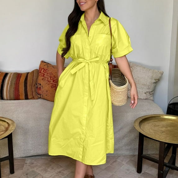 OSFVNOXV Cotton Dress for Women Belted Shirt Dress Loose Fit Gauze Top Rolled Sleeve Button Down Midi Length Shift Dress with Collar