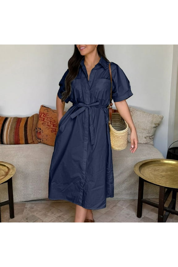 Cotton Dress for Women Belted Shirt Dress Loose Fit Gauze Top Rolled Sleeve Button Down Midi Length Shift Dress with Collar
