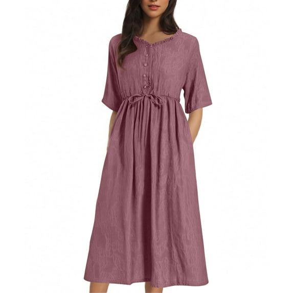 OSFVNOXV Cotton Dress for Women Half Sleeve Tie Front Embroidery Crewneck Pullover Midi Dress with Drawstring