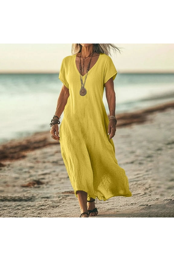 Cotton Linen Dress for Women Summer Boho Dress Short Sleeve V-Neck Knee Length Flowy Maxi Sundresses