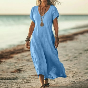 OSFVNOXV Cotton Linen Dress for Women Summer Boho Dress Short Sleeve V-Neck Knee Length Flowy Maxi Sundresses Clearance