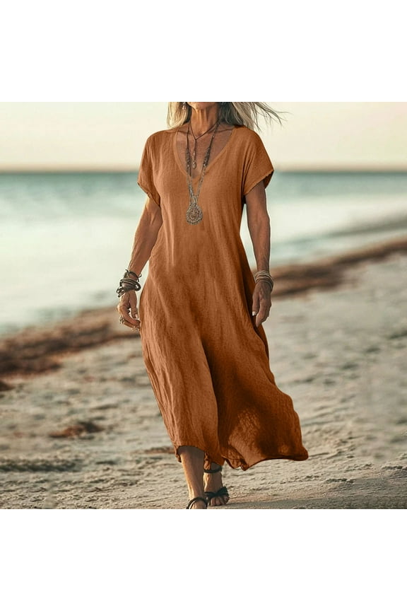 Cotton Linen Dress for Women Summer Boho Dress Short Sleeve V-Neck Knee Length Flowy Maxi Sundresses