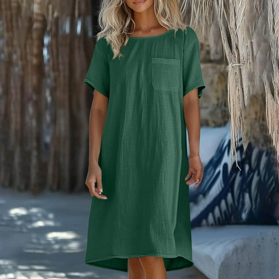 OSFVNOXV Cotton Linen Nightgown Dress for Women Plus Size Sleep Dress Casual Solid Color Short Sleeve Knee Length Shirt Dress with Pockets ,S-3XL